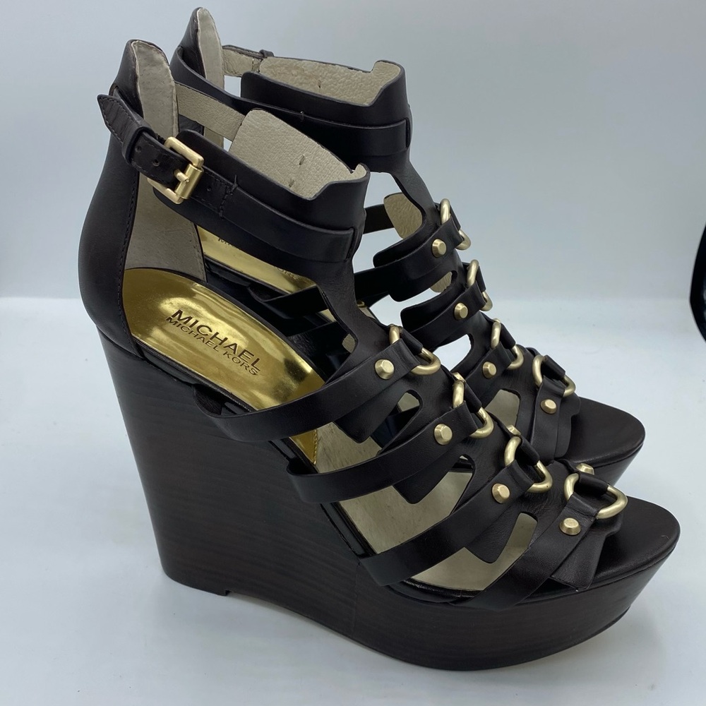 Michael Kors Nadine 11 M Brown and Gold Wedge Sandals